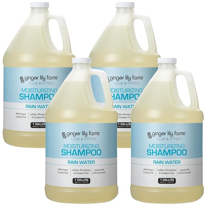 Ginger Lily Farms Club & Fitness Moisturizing Shampoo for All Hair Types, 100% Vegan & Cruelty-Free, Rain Water Scent, 1 Gallon (Pack of 4)