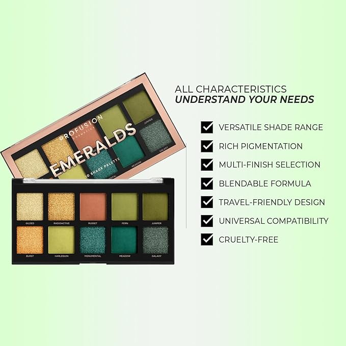 Profusion Cosmetics Emeralds 10 Shade Eyeshadow Palette – Pigmented & Blendable Green Tones, Matte & Shimmer Finishes for Versatile Eye Looks, Travel-Friendly & Cruelty Free Makeup