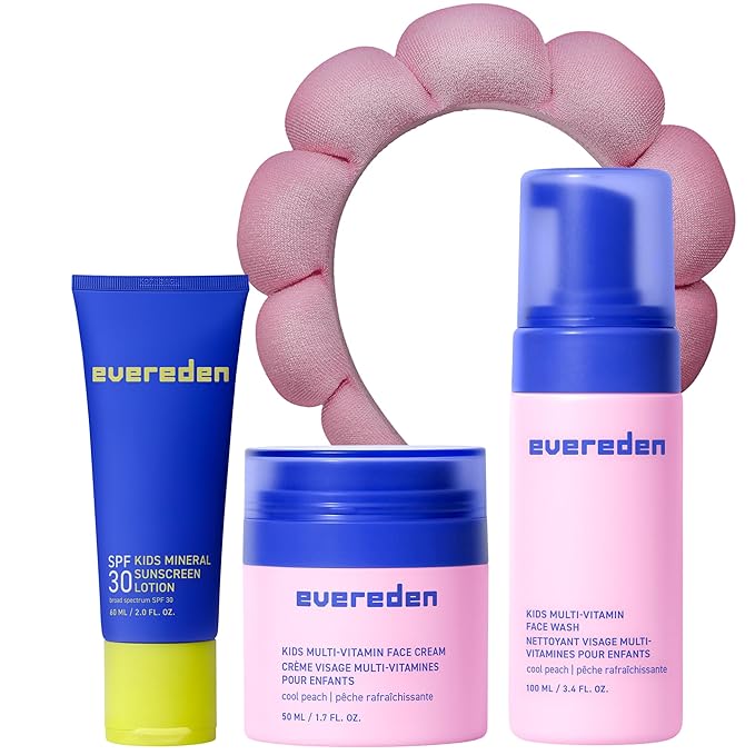 Evereden Kids Daily 1-2-3 Routine Bundle with Multi-Vitamin Kids Face Wash, Face Cream, SPF 30 & Spa Headband – Non-Toxic, Dermatologist-Tested & Gentle Skincare for Kids – Perfect for Daily Care