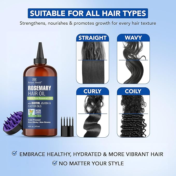 Botanic Hearth Hair Oil for Hair Growth | Rosemary Oil for Hair Growth with Biotin, Castor & Jojoba | Hair Relaxers & Dry Scalp Treatment | Color Safe | All Hair Types | 16 Fl Oz