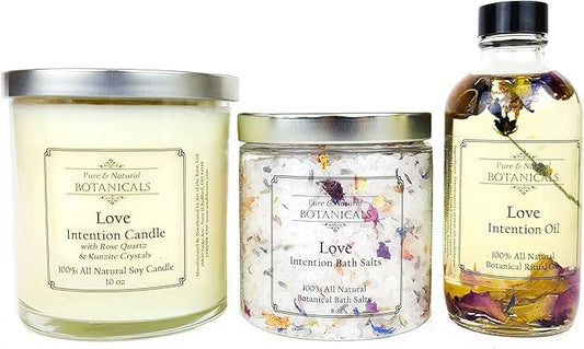 Love Intention Ritual Spa Set | 100% Natural | 10 oz Soy Candle, 4 oz Intention Oil, 8 oz Bath Salts | Attraction, Commitment, Seduction Rituals | Wiccan, Pagan, Spiritual Gift