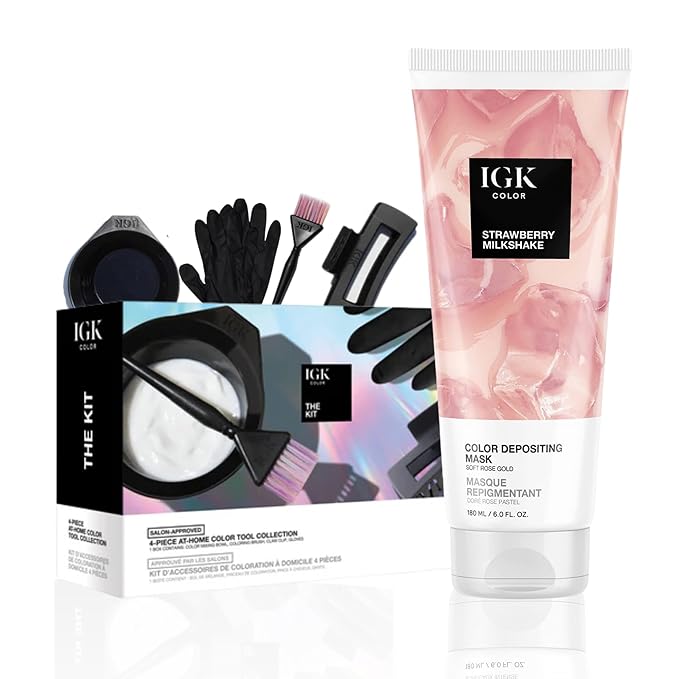 IGK Hair Gloss Toner & Depositing Mask + At-Home Color Tool Set | Strawberry Milkshake Soft Rose Gold | Semi-Permanent Shine + Tone | Salon-Quality Application