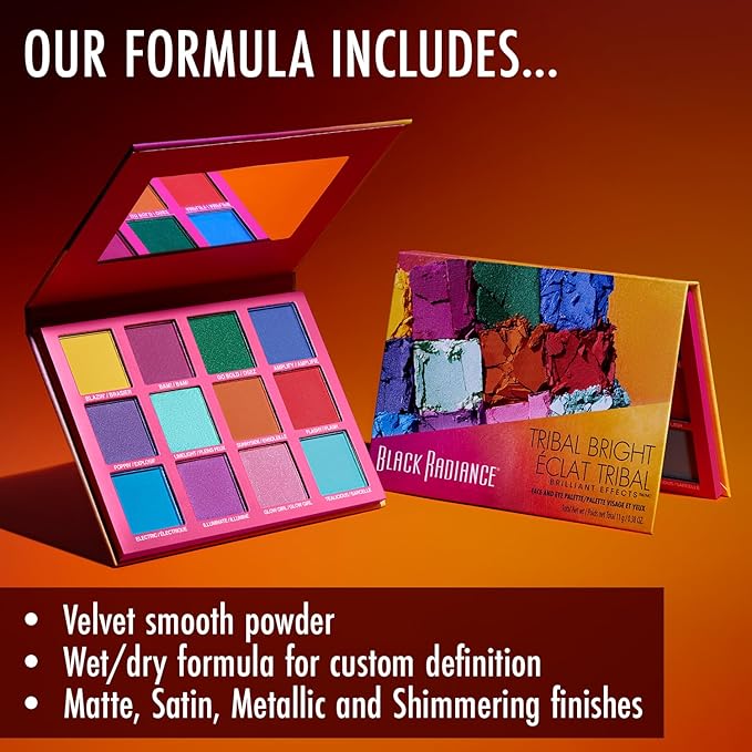 Black Radiance Brilliant Effects Eye Shadow Palette, 12 Intense Ultra Pigmented Powder, Buildable & Blendable Versatile Satin to Shimmer Finishes, Cruelty-Free & Vegan - Tribal Bright