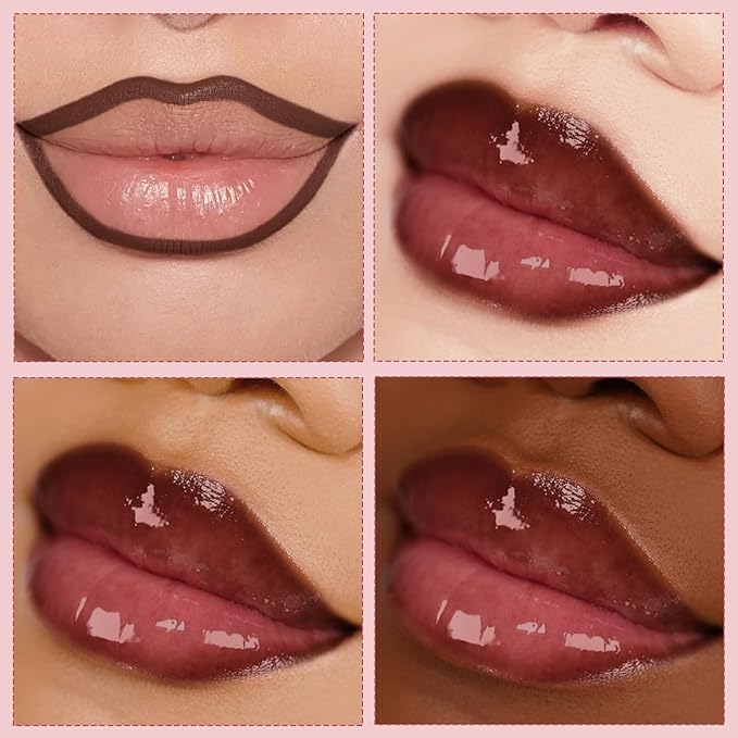 Nourishing Lip Gloss Moisturizing High Shine Fresh Lightweight Glossy Plumping Lip Combo for Women, Long Wear Lip Glow Oil with Brown Lip Liner Set Non-Sticky Liquid Lipstick Makeup#12