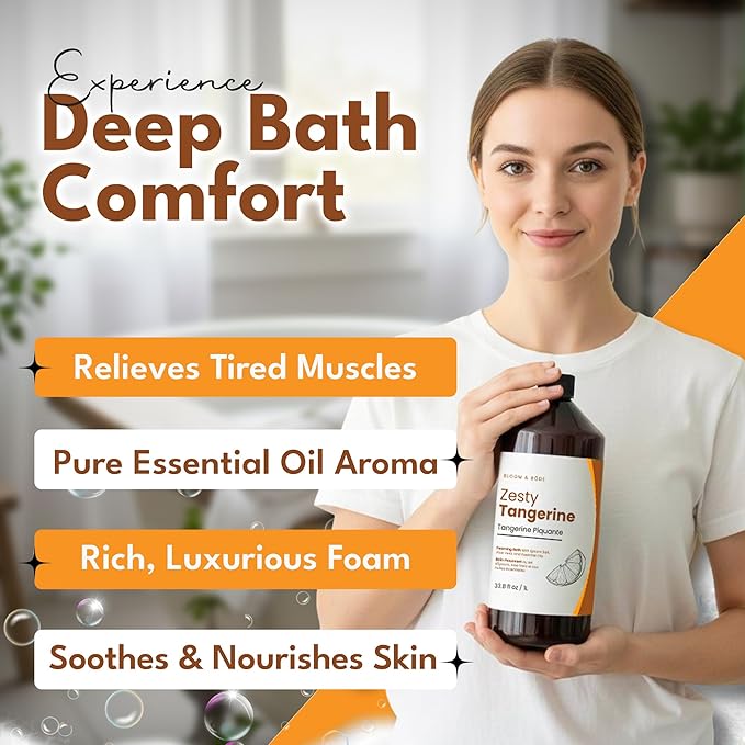 Luxury Foaming Bath - Natural Scented Bubble Bath with Essential Oils and Epsom Salt - Zesty Tangerine Scent, 33.8 fl oz / 1L