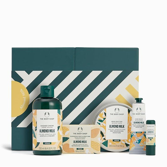 The Body Shop Almond Milk Gift Set - 5 Piece Set, Includes Shower Cream, Body Butter, Face & Body Bar, Hand Balm, Lip Care Stick, Vegan