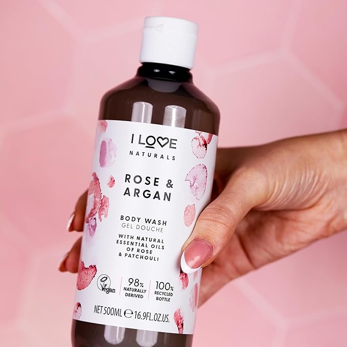 I LOVE Naturals Rose and Argan Body Wash - Moisturizing Body Wash - Infused with Essential Oils - Plant-Based Body Cleanser - 16.9 oz