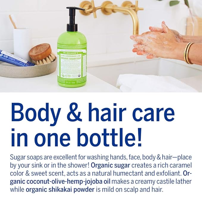 Dr. Bronner's - Organic Sugar Soap (Lemongrass, 12 Ounce) - Made with Organic Oils, Sugar and Shikakai Powder, 4-in-1 Use: Hands, Body, Face and Hair, Cleanses, Moisturizes and Nourishes, Vegan