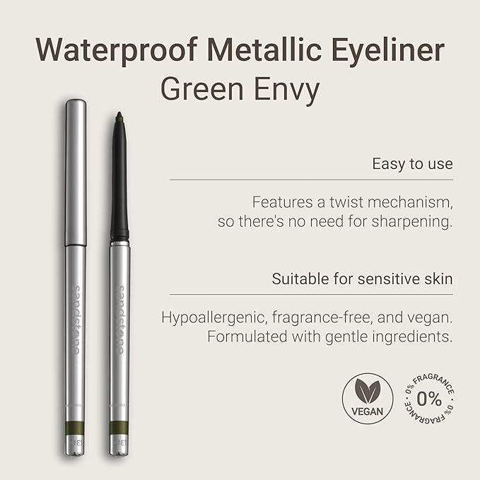 Sandstone Scandinavia Hypoallergenic Waterproof Metallic Eyeliner Pencil – Green – Fragrance-Free, Vegan – Smudge-Proof Eye Liner for Sensitive Eyes