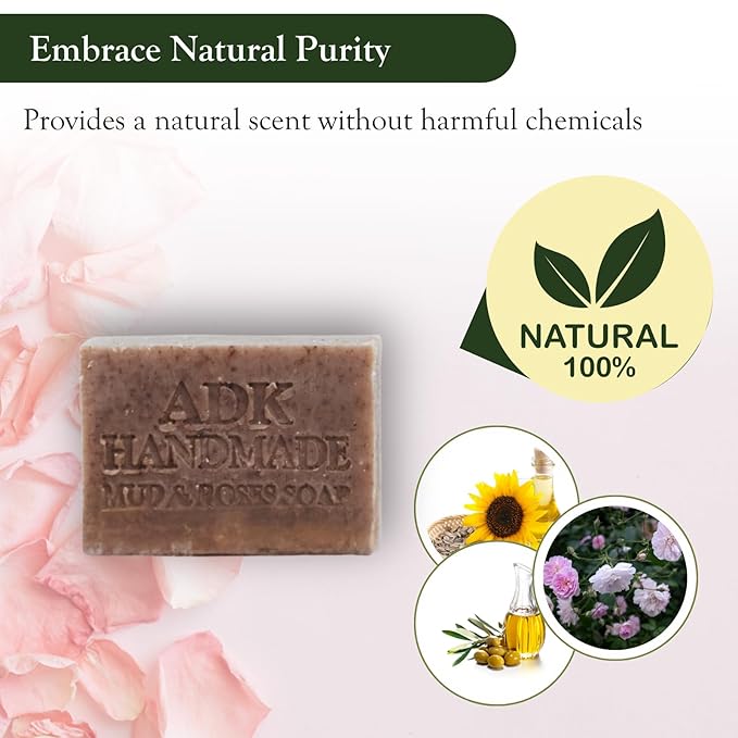 Adirondack Fragrance & Flavor Farm ADK Natural Mud & Rose Soap Bar 4 oz., Handmade Vegan Olive Oil Body Soap for Dry and Sensitive Skin, Moisturising for Men, Women & Babies, Produced in the USA