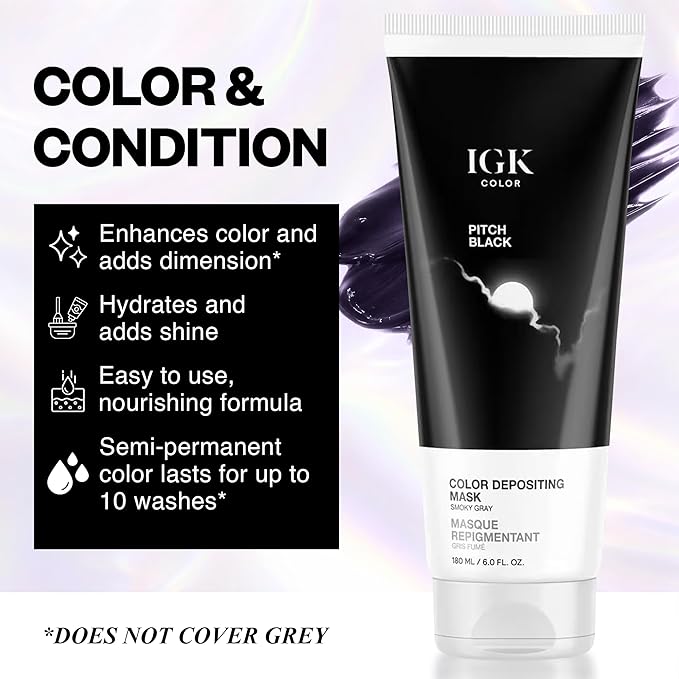 IGK Pitch Black Color Depositing + Conditioning Hair Mask | Smoky Gray - Cool Onyx Tones | Hydrating Semi-Permanent Gloss Toner Treatment