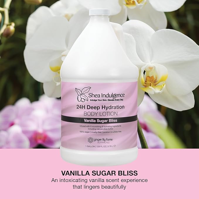Ginger Lily Farms Botanicals Shea Indulgence 24H Deep Hydration Body Lotion, 100% Vegan & Cruelty-Free, Vanilla Sugar Bliss Scent, 1 Gallon (128 fl oz) Refill