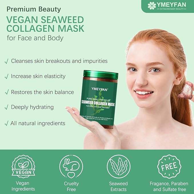 Pure Natural Seaweed Collagen Face Mask Powder, Fragrance-Free, Paraben-Free, Vegan Face Mask Skincare, Algae Seed Mask for Deep Hydrating Purify, Beauty Salon Spa Use for Jelly Mask (500G/17.6oz)