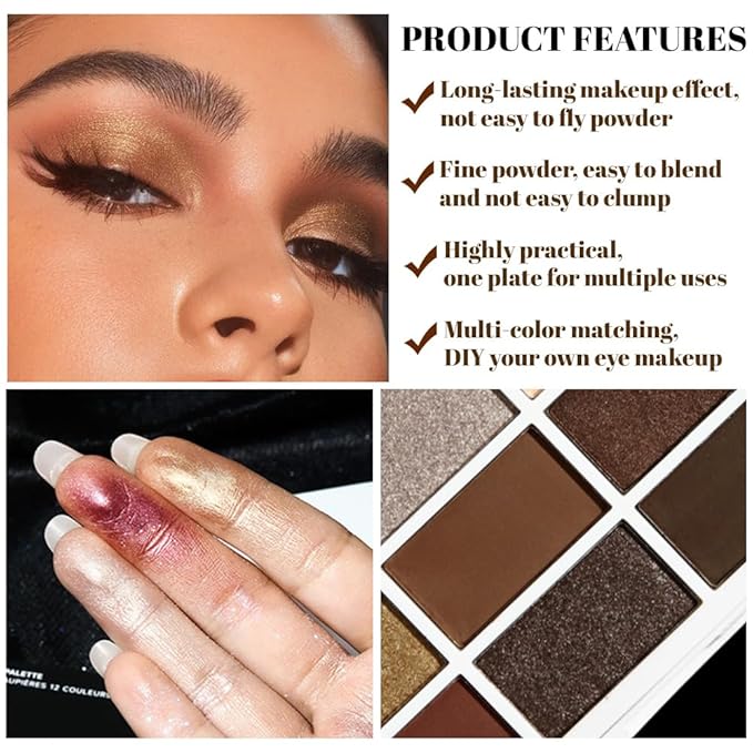 12 Colors Matte Shimmer Eyeshadow - Cool-toned Eyeshadow Palette, Long-Lasting Waterproof Crease-Proof Pigmented, Built-In Mirror, Vegan Cruelty-Free for Daily & Glam Makeup Looks 02#