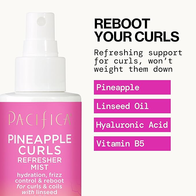Pacifica Pineapple Curls Refresher Mist-Curl Refresher Spray, with Hyaluronic Acid, Vitamin B5 & Plant Oils, Vegan & Dermatologist Tested Curly Hair Products and Wavy Hair Products-4 Fl Oz(Pack of 2)