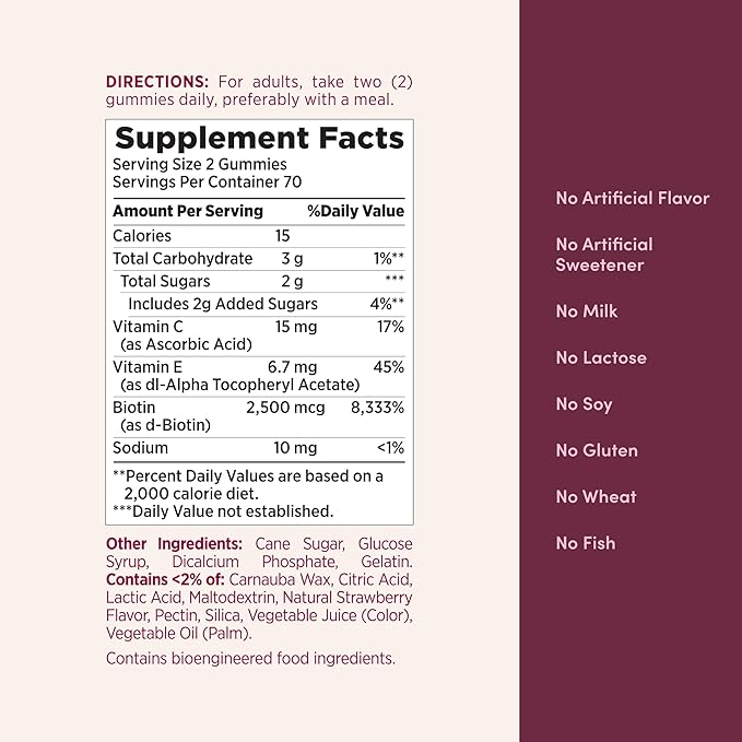 Nature's Bounty Hair, Skin & Nails with Biotin, Strawberry Gummies Vitamin Supplement, Supports Hair, Skin, and Nail Health for Women, 2500 mcg, 140 Ct, 70 Total Servings