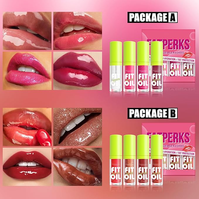 8 Colors Big Brush Head Lip Oil, Smooth Glossy Lip Glow Oil, Ultra-Hydrating & Nourishing, Long Lasting Fresh Transparent Tinted Plumping Lip Oil, Non-Sticky Formula (SetA+B)