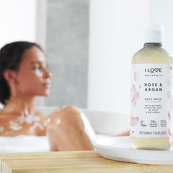I LOVE Naturals Rose and Argan Body Wash - Moisturizing Body Wash - Infused with Essential Oils - Plant-Based Body Cleanser - 16.9 oz