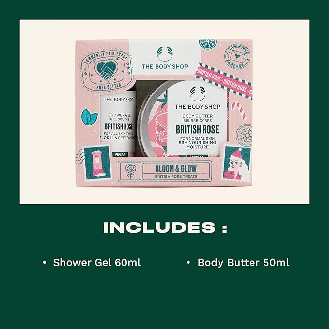 The Body Shop Bloom & Glow British Rose Treats Gift Set – Vegan Formula with Rose – Hydrating & Rejuvenating Skincare for All Skin Types – 2 Items