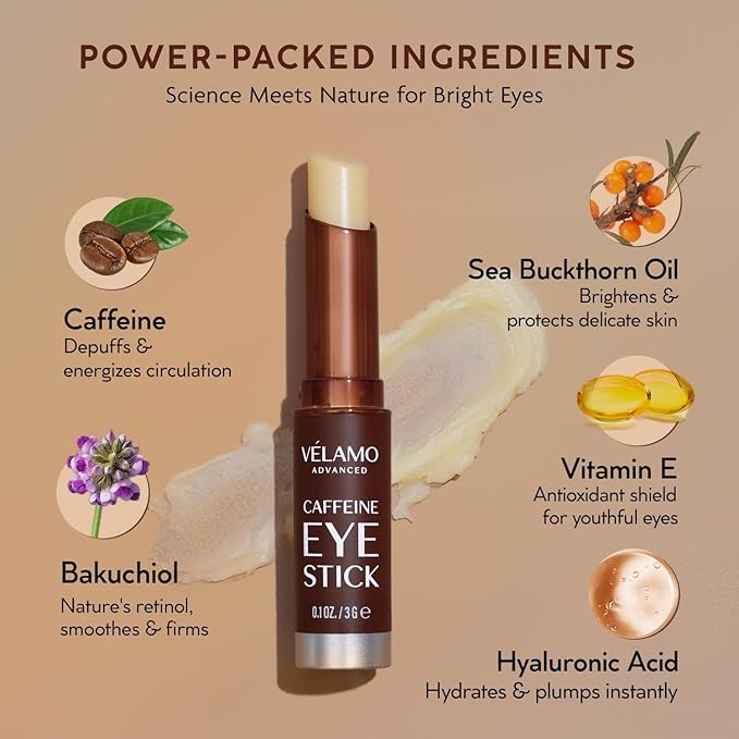 VELAMO ADVANCED Caffeine Eye Stick: Energizing & Hydrating Under Eye Balm for Dark Circles & Puffiness - Travel Essentials, Portable & Perfect for On-the-go Use, 0.1 OZ/3g