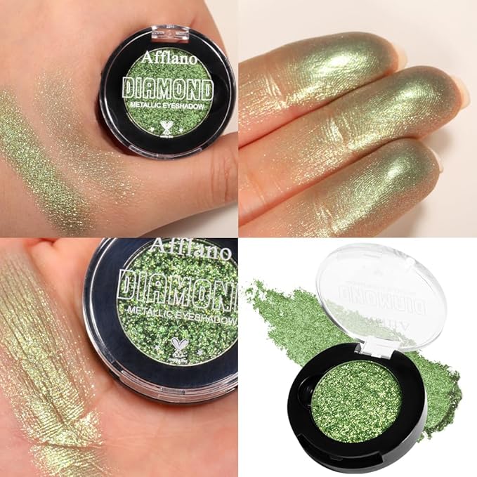 Green Glitter Eyeshadow, Highly Pigmented Lime Green Sparkle Metallic Eyeshadow Palette for Older Women, Long Lasting Light Pressed Powder Chrome Shimmer Eye Shadow for Daily, Party, St. Patrick's Day