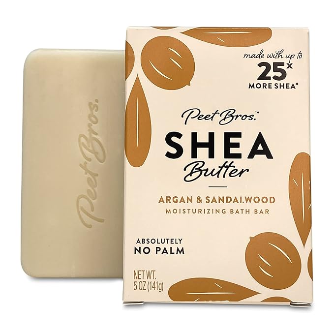 Peet Bros. Shea Butter Bar Soap - Argan & Sandalwood Moisturizing Soap Bar - Vegan, Palm Oil-Free Soap Bar - Up to 25x More Shea Butter - No Artificial Fragrances - Made in USA - 5 oz