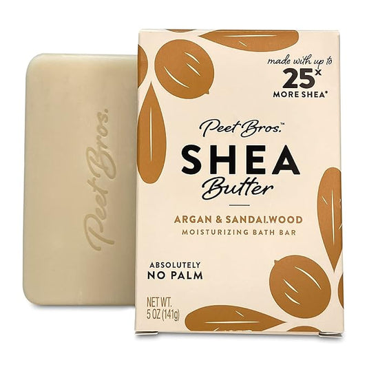 Peet Bros. Shea Butter Bar Soap - Argan & Sandalwood Moisturizing Soap Bar - Vegan, Palm Oil-Free Soap Bar - Up to 25x More Shea Butter - No Artificial Fragrances - Made in USA - 5 oz