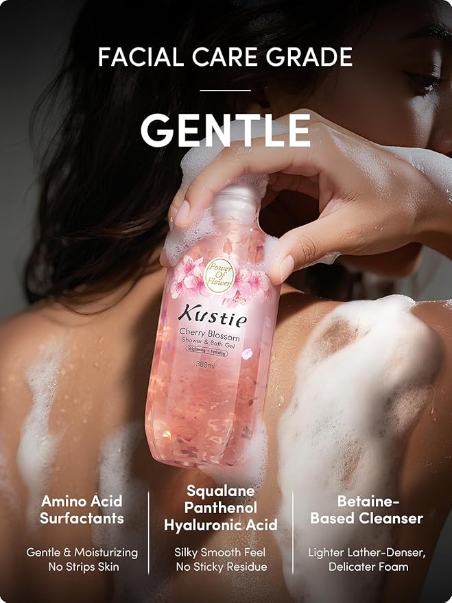 Kustie Petal Body Wash - Sakura Petals, Antioxidant-Rich, Perfume-Level Scent - Niacinamide, Hyaluronic Acid & Squalane, Vegan, Sulfate-Free for Sensitive & Dry Skin, 12.8 fl oz