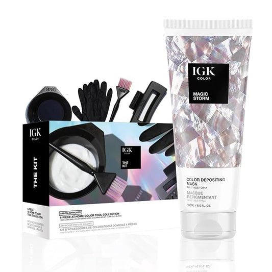 IGK Hair Gloss Toner & Depositing Mask + At-Home Color Tool Set | Magic Storm Pale Violet Gray | Semi-Permanent Shine + Tone | Salon-Quality Application
