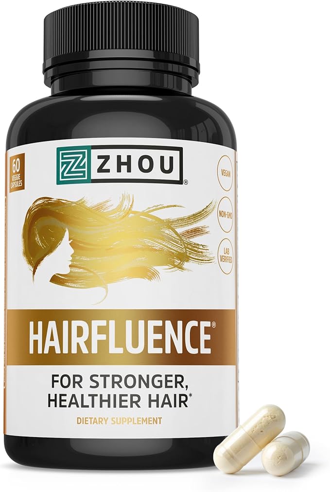 ZHOU Hairfluence, Hair Growth Supplement with Clinically Studied Lustriva and Keranat and Hair Vitamins Biotin 5000mcg, Vitamin D, A, C & B12, Non-GMO, Gluten Free, 60 VegCaps
