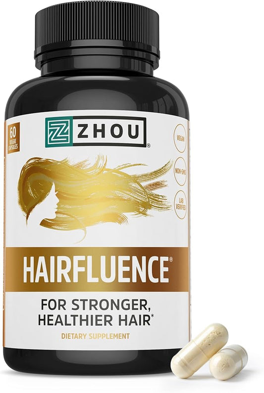 ZHOU Hairfluence, Hair Growth Supplement with Clinically Studied Lustriva and Keranat and Hair Vitamins Biotin 5000mcg, Vitamin D, A, C & B12, Non-GMO, Gluten Free, 60 VegCaps
