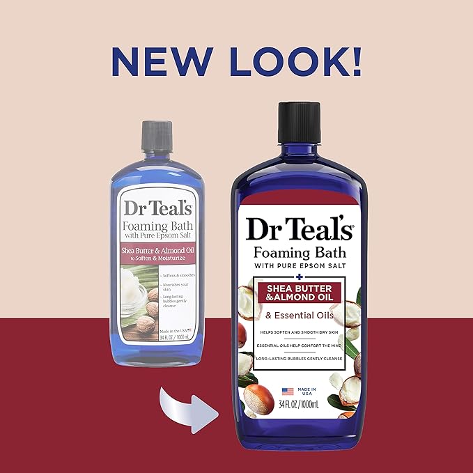 Dr Teal's Foaming Bath with Pure Epsom Salt, Shea Butter & Almond, 34 fl oz (Pack of 4) (Packaging May Vary) & Salt Soak with Pure Epsom Salt, Shea Butter & Almond, 3 lbs
