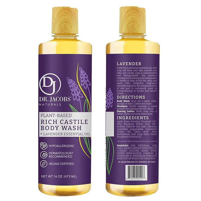 Dr. Jacobs Naturals Pure Castile Soap Liquid Body Wash, Lavender - Plant Based Soap Infused with Vitamin E and Aloe Vera to Moisturize Dry and Sensitive Skin - Made in the USA - 16 oz, Pack of 2