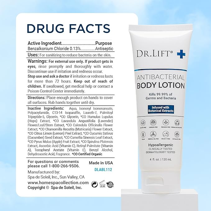 Antibacterial Body Lotion, Hypoallergenic Formula with Vitamin C & E, Calendula and Chamomile, Gentle on Skin, Non Greasy and Fast Absorbing, Vegan, Paraben Free, Mineral Oil Free, 4 Fl Oz
