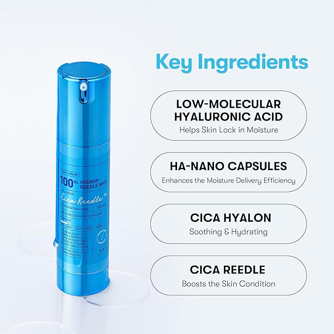 VT COSMETICS Hydrop Reedle Shot 100 Serum with Hyaluronic Acid & Hydrating Exosome Microneedling Formula, Korean Skin Booster, 1.69 fl oz(50ml)