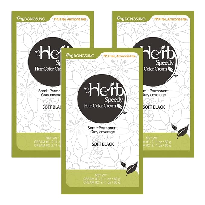 Dongsung Herb Speedy Color Cream (Soft Black, 3 Pack), PPD-Free Ammonia-Free Vegan Gray Coverage Hair Dye with Sun Protection, Odorless, Gentle for Sensitive Scalp, No Eye or Scalp Irritation