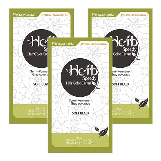 Dongsung Herb Speedy Color Cream (Soft Black, 3 Pack), PPD-Free Ammonia-Free Vegan Gray Coverage Hair Dye with Sun Protection, Odorless, Gentle for Sensitive Scalp, No Eye or Scalp Irritation