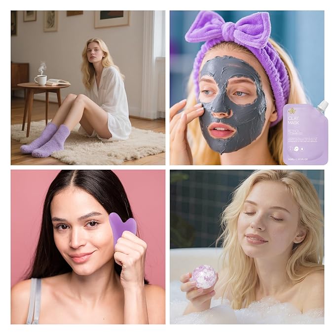 55 Pcs Valentines Day Gifts for Women, Lavender Face Sheet Mask Pack, Hydration Skin Care Kit, Overnight Gel Mask, Clay Mask, Hyaluronic Acid Face Serum, Christmas, Birthday, Mother Day