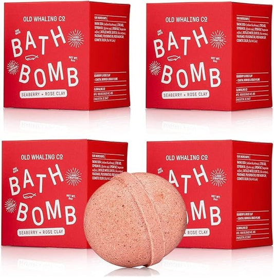 Old Whaling Co Seaberry and Rose Clay Bath Bomb – Set of 4 – Handmade Bath Soak with Epsom Salts – Cleansing, Soothing and Moisturizing Fizz – Raspberry, Orange, Plum and Vanilla Scent, 8 oz