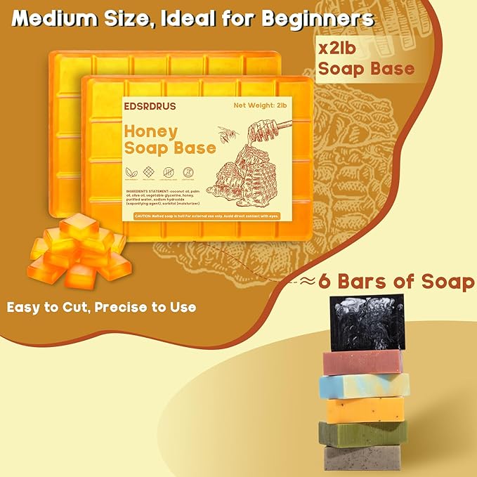 2lb Glycerin Soap Base - Scented Melt and Pour Soap Base for DIY Crafting, Easy to Cut, Vegan and Cruelty-Free, Moisturizing and Gentle on Skin, Perfect for Soap Making Supplies (Honey, 2 Pound)