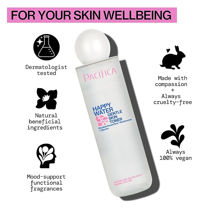 Pacifica Happy Water Hydrating Facial Toner – Vegan Ceramides, Hyaluronic Acid & Electrolytes, Refreshing & Calming for Balanced Skin, Clean Beauty, Vegan, Cruelty-Free, All Skin Types, 4 oz