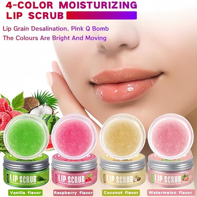 4-Color Fruit-Flavored Lip Scrub for Dry, Cracked & Dark Lips – Exfoliating & Moisturizing Lip Care with Organic Ingredients, Lip Brush – Vegan, Cruelty-Free (20g) (Vanilla flavor, 1PC)
