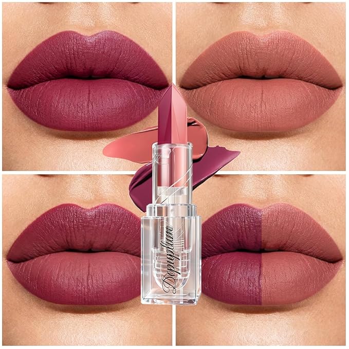 2 in 1 Rose Red Lipstick Nude Lipstick Dual Sided, Lip stick for Women, One Stroke Two-Tone High Pigment Longlasting Waterproof Non-Stick Gloss Lipsticks for Christmas Cosplay (#06)