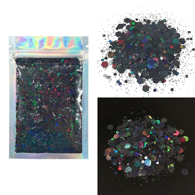 Black Face & Body Glitter - Chunky Glitter - Uses Include: Holidays, Cheerleading, Festival, Rave, Hair, Makeup, Face, Body, Nails, Resin, Arts & Crafts, Resin, Tumblers, Bath Bombs
