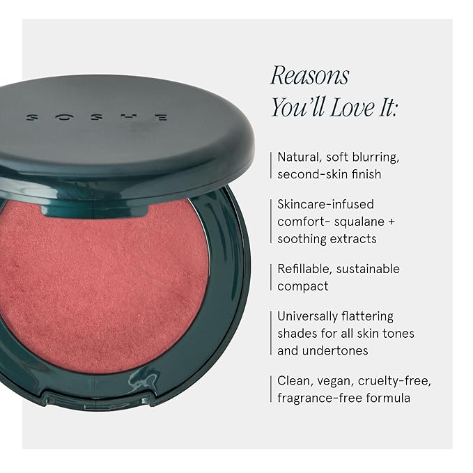 SOSHE Beauty - Blurring Pillow Blush | Featherlight, Cushiony, Cream to Powder Formula | Squalane, Cucumber Seed Extract, Ashwagandha Root | Vegan, Clean, Cruelty-Free (Rosy Rest, Dusty Pink)