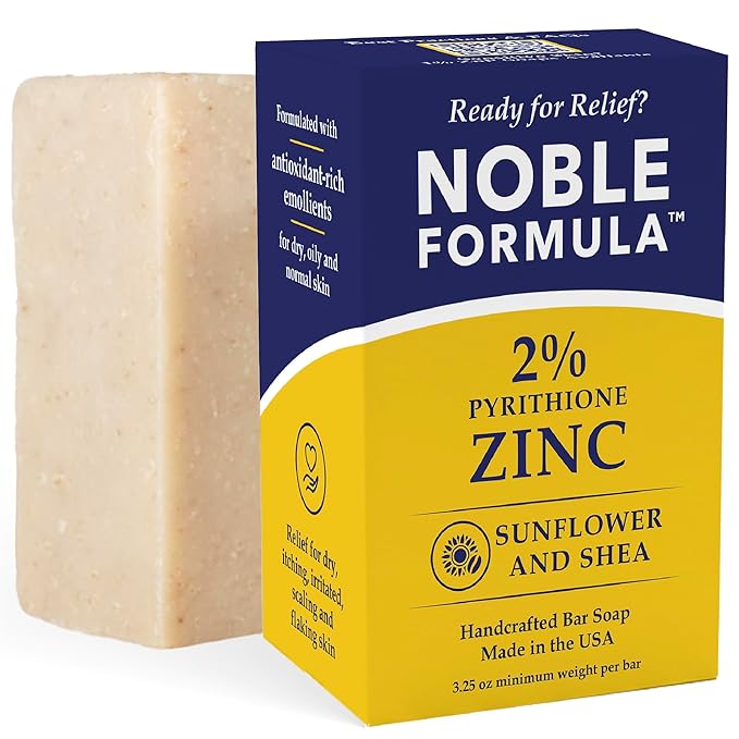 Noble Formula 2% Pyrithione Zinc Soap Bar with Sunflower Oil & Shea Butter – Face, Body & Scalp Cleansing Bar for Dry & Problem-Prone Skin - No Palm Oil, Vegan Formula, Handmade in the USA, 3.25 oz