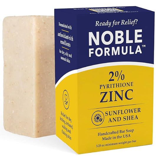 Noble Formula 2% Pyrithione Zinc Soap Bar with Sunflower Oil & Shea Butter – Face, Body & Scalp Cleansing Bar for Dry & Problem-Prone Skin - No Palm Oil, Vegan Formula, Handmade in the USA, 3.25 oz