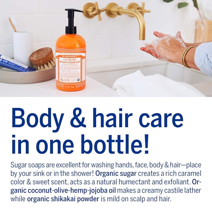 Dr. Bronner's - Organic Sugar Soap (Tea Tree, 12 Ounce) - Made with Organic Oils, Sugar and Shikakai Powder, 4-in-1 Uses: Hands, Body, Face and Hair, Cleanses, Moisturizes and Nourishes, Vegan