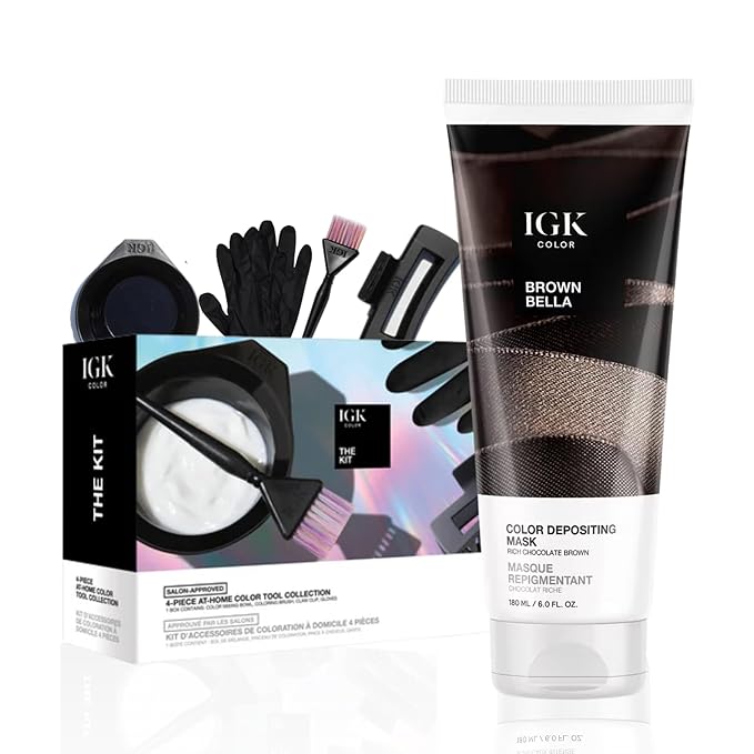 IGK Hair Gloss Toner & Depositing Mask + At-Home Color Tool Set | Brown Bella Chocolate Brown | Semi-Permanent Shine + Tone | Salon-Quality Application