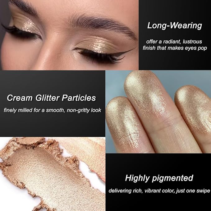 Cream Rose Gold Shimmer Eyeshadow Bright Richly Pigmented, Long Wear Intense Gold Glitter Creme Eye Shadow, Waterproof Ultra-Blendable Champagne Sombras de Ojos Makeup, Cruelty-Free & Vegan, 08#